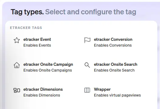 Here you can select the predefined tag for recording the search on a page in the etracker tag manager