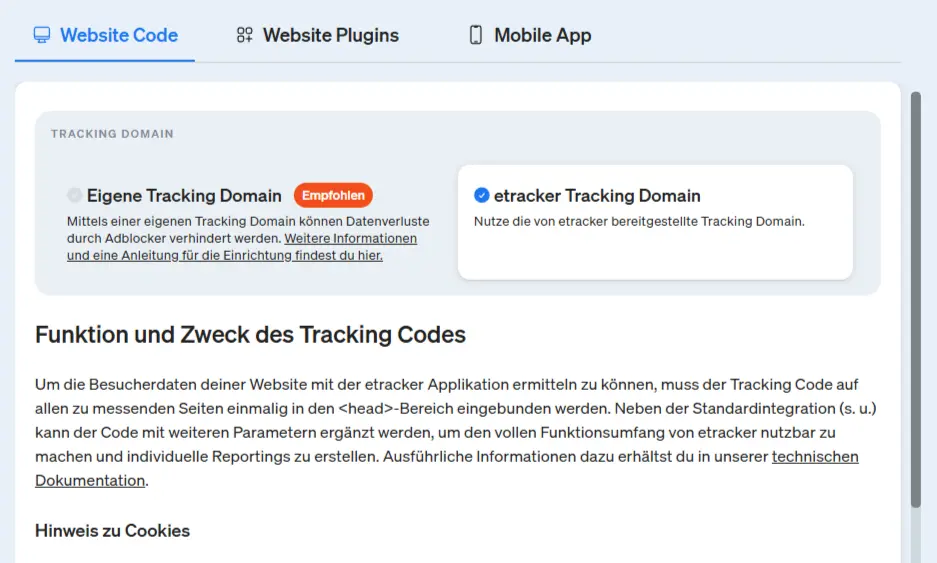 Screenshot der neu gestalteten Tabs für die Tracking Code Seite in etracker analytics