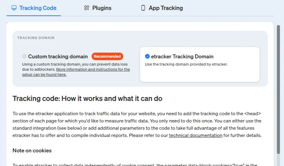 Screenshot of the newly designed tabs for the tracking code page in etracker analytics