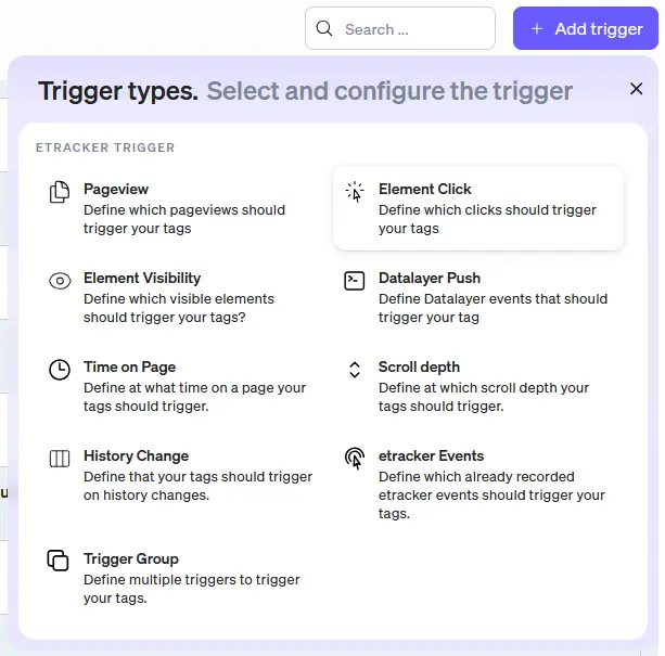 You can now select trigger groups for the trigger types in the etracker tag manager.