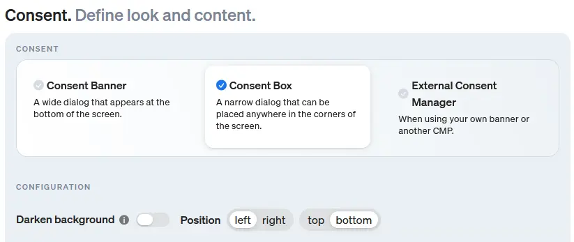 Here you define in the etracker consent manager whether your consent should be displayed as a banner or box and where it should be positioned on your website