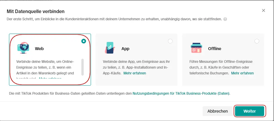 Hier musst du nun auswählen, was für eine Datenquelle du verbinden möchtest. Für die Einrichtung des TikTok Conversion-Uploads wählst du Web aus.