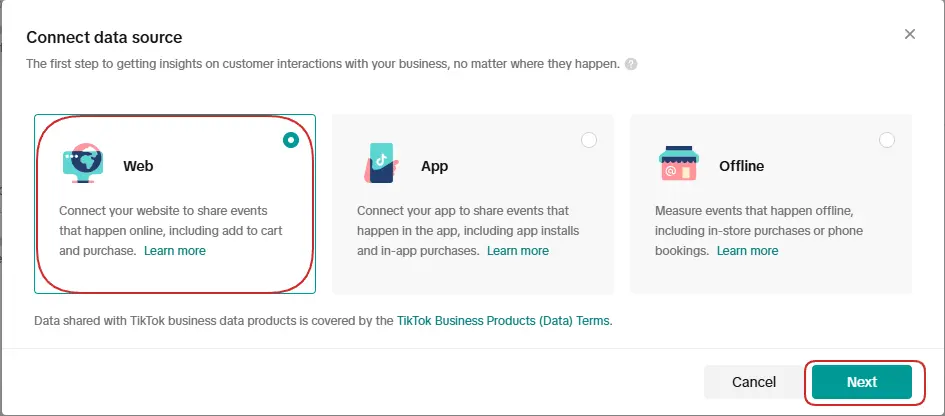 Here you must now select which data source you would like to connect. To set up the TikTok conversion upload, select Web. 