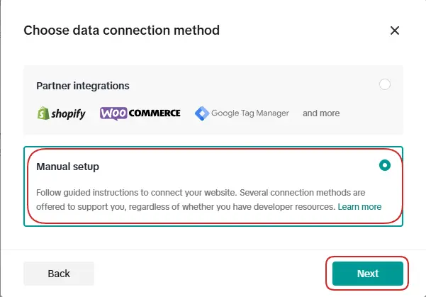 Select Manual setup as the data connection method.