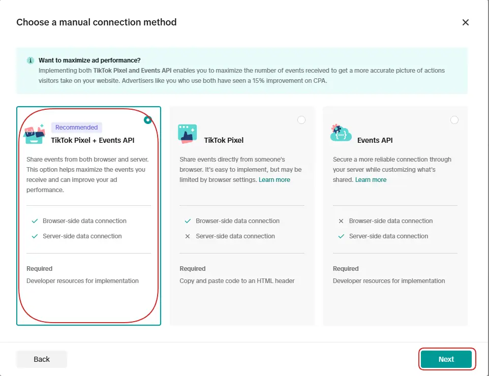 Now you need to select TikTok Pixel and Events API.