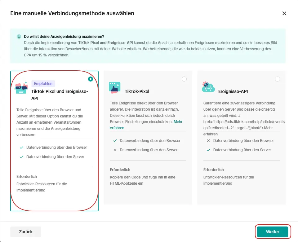 Jetzt musst du TikTok Pixel und Ereignisse-API auswählen.
