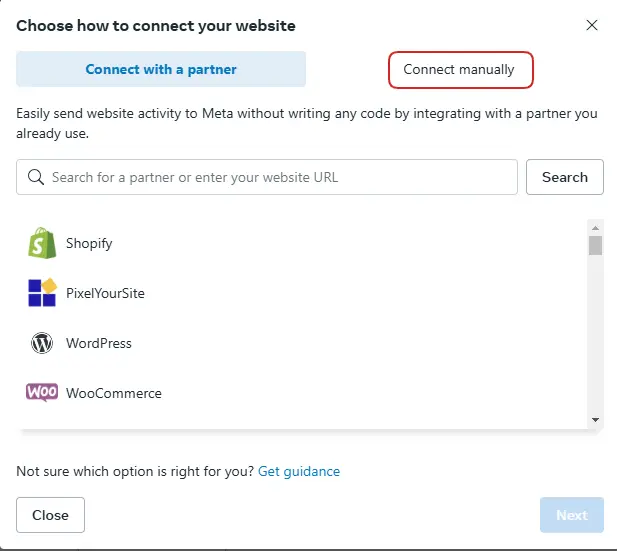 Manual linking of website activities to Meta.