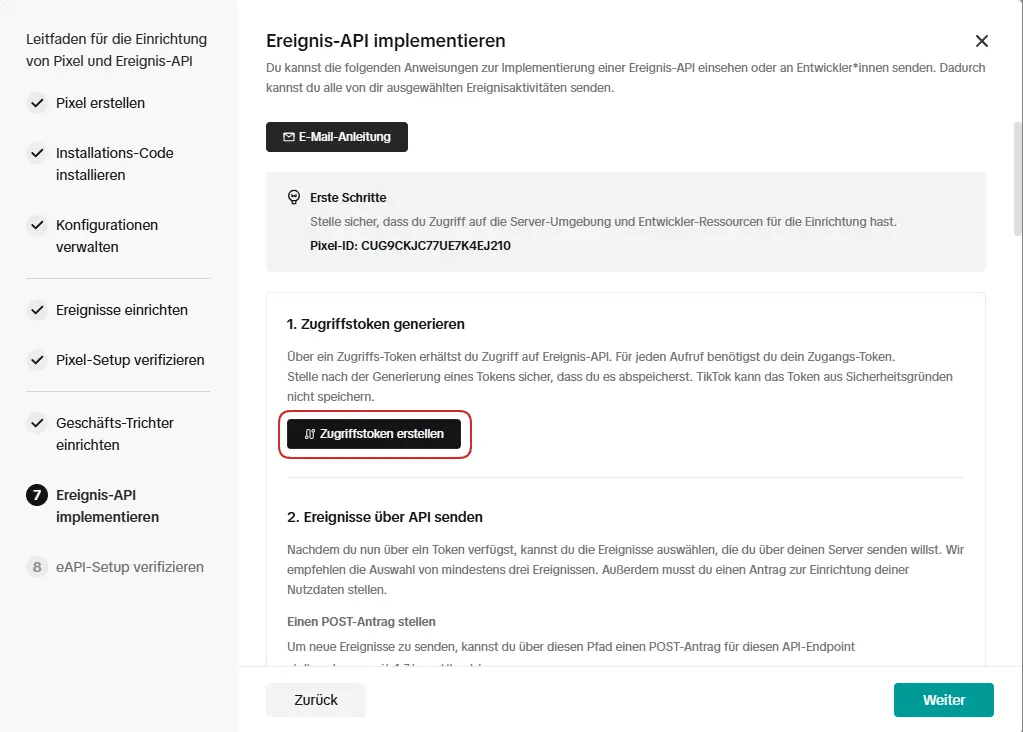 Unter Ereignis-API implementieren erstekllst du nun den Zugriffstoken.