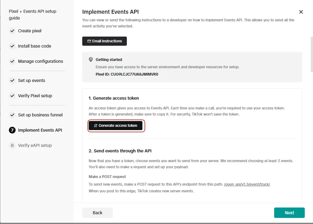 Now create the access token under Implement event API.