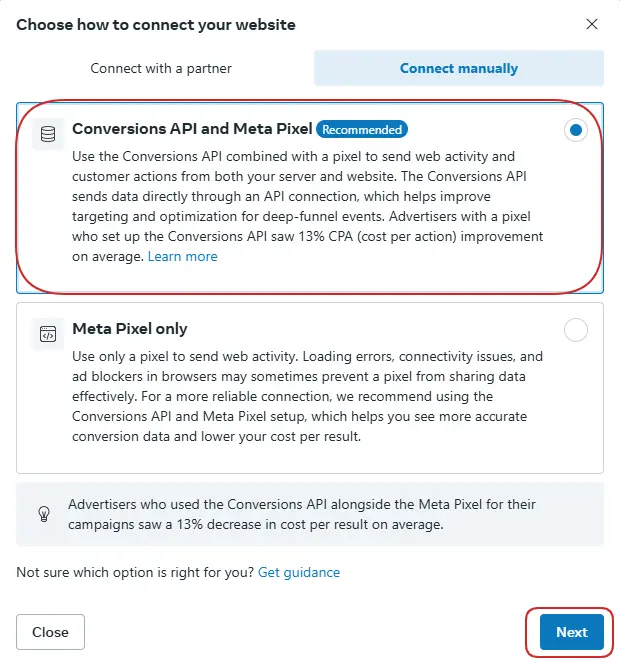 Select Conversion API and Meta Pixel