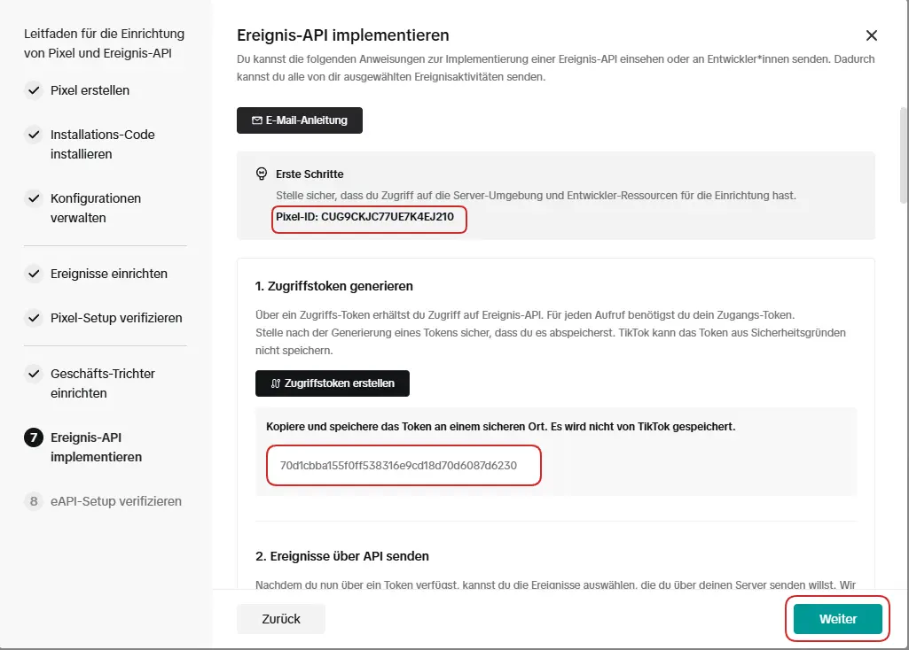 Kopier dir die Pixel-ID und den Zugriffstoken und speichere beides für die spätere Verwendung ab.