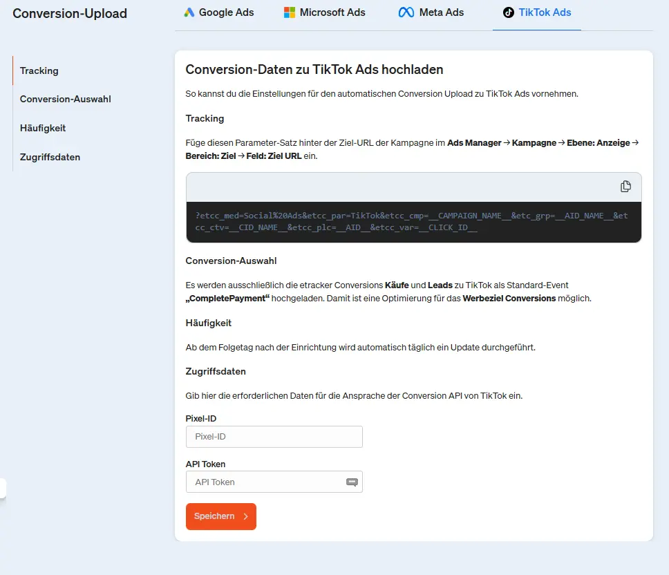 Hier kannst du in etracker analytics den TikTok Conversion-Upload einrichten.