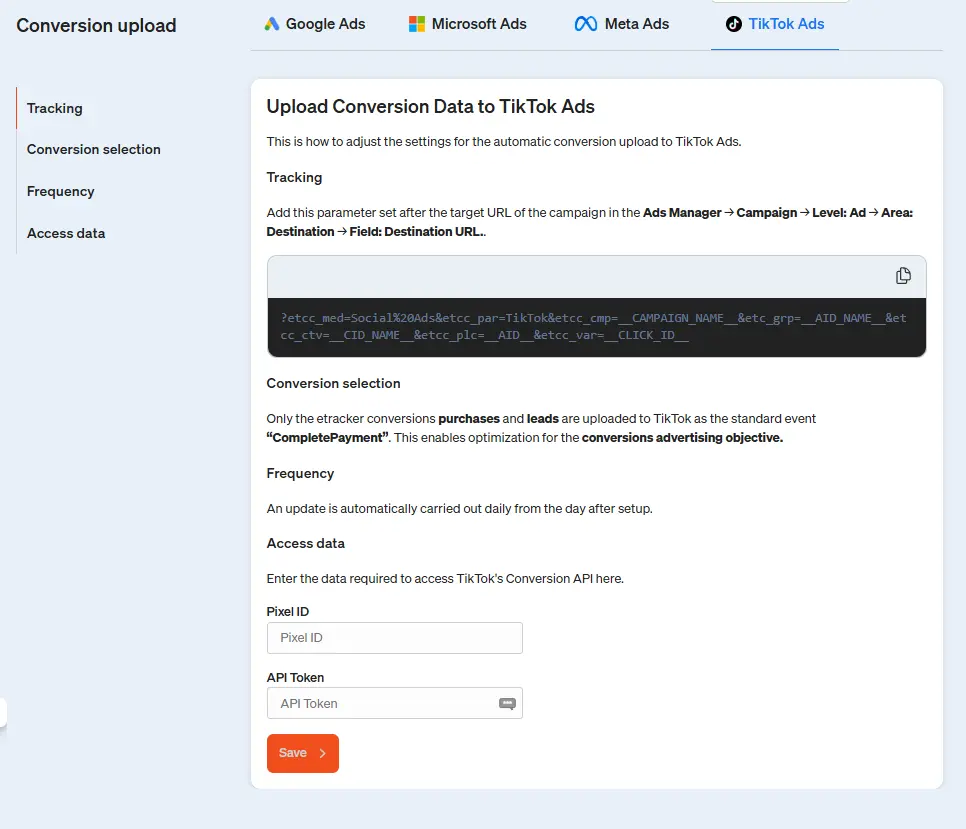 Here you can set up the TikTok conversion upload in etracker analytics.