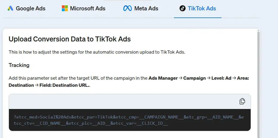 Click on the parameter field to copy the complete parameter set.