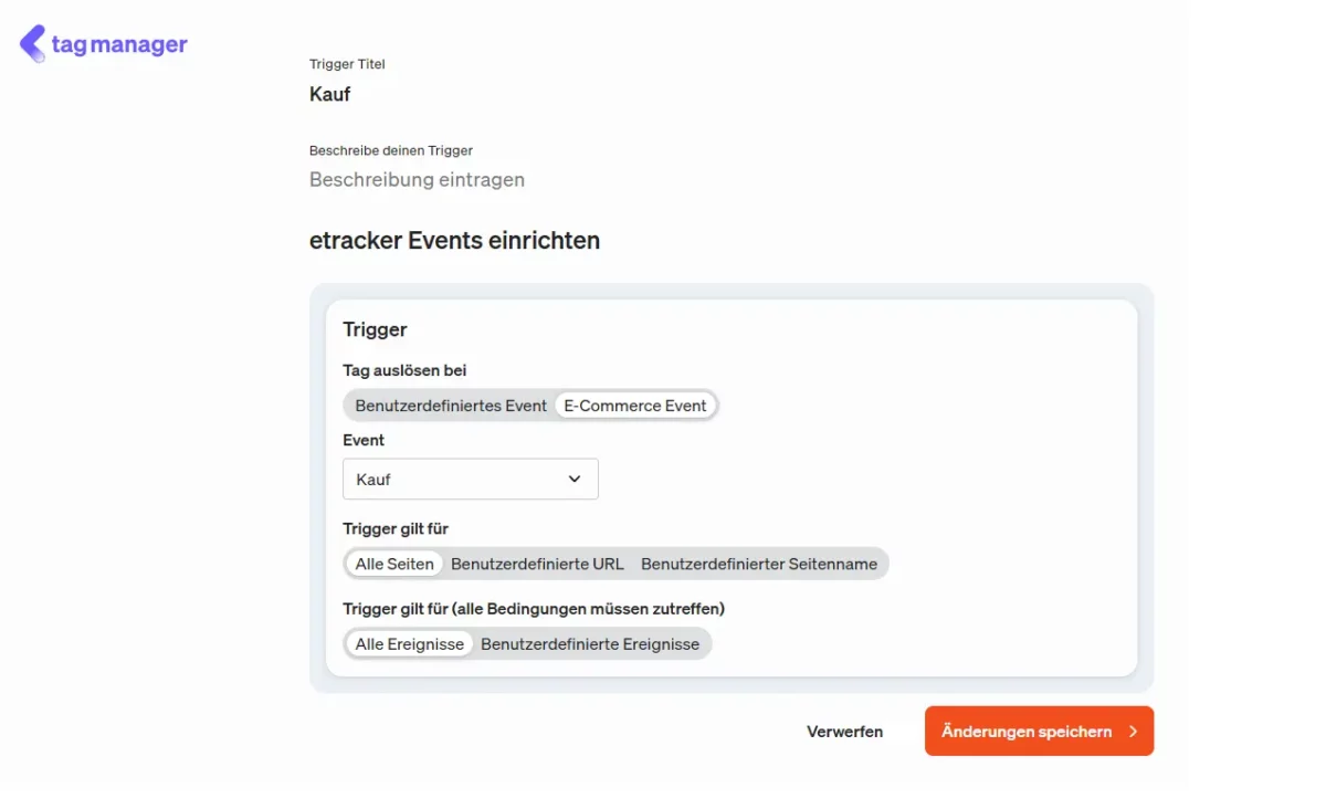 Trigger für ein E-Commerce Event im etracker tag manager einrichten.