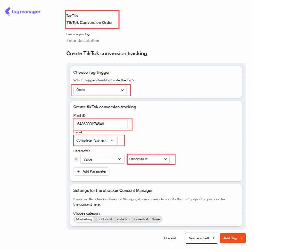 Here you set up TikTok conversion tracking in the etracker tag manager.