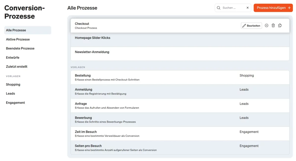 Die Conversion-Prozessen werden jetzt in Listenansicht in etracker analytics angezeigt