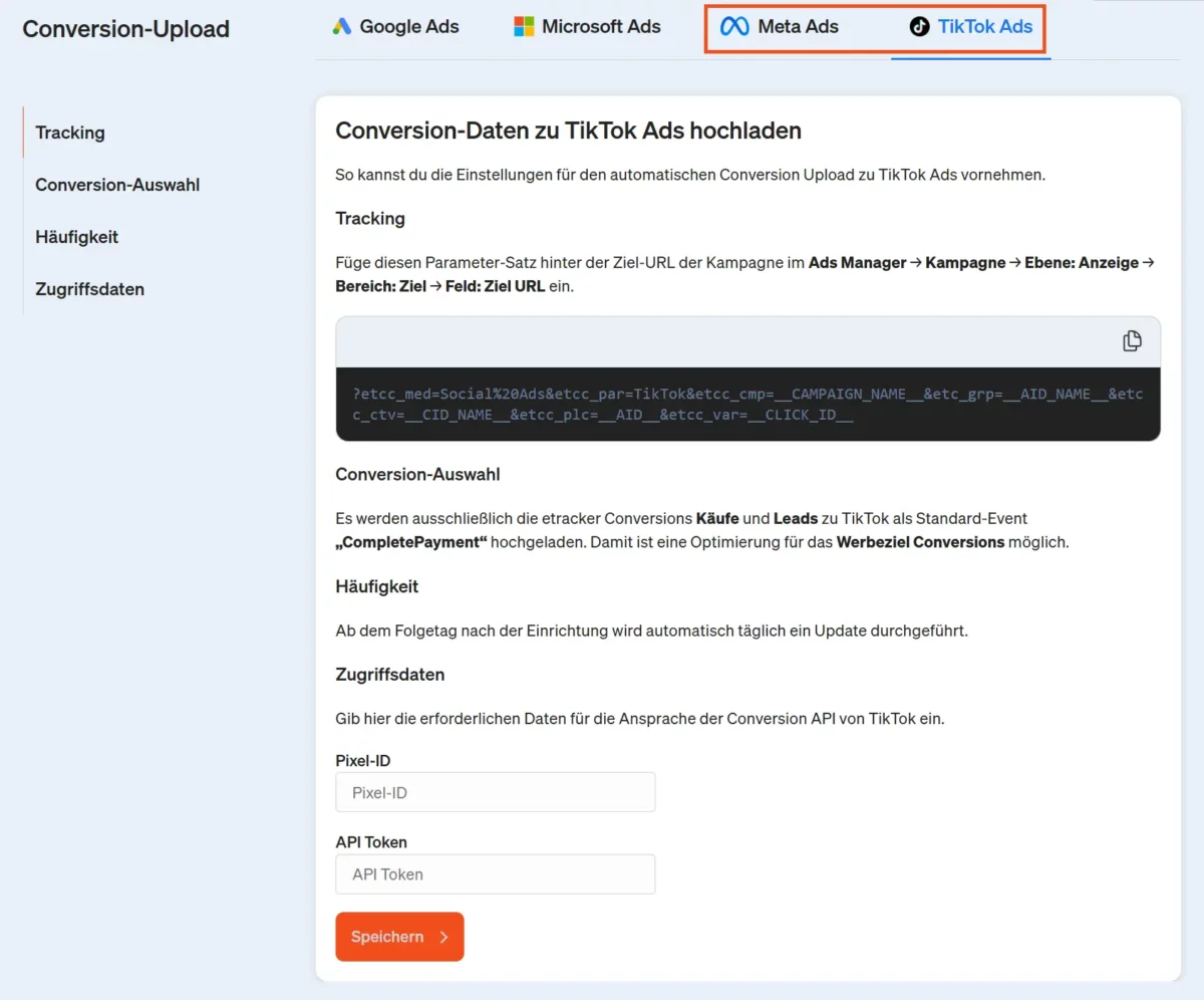 Hier sieht man die Oberfläche zur Einrichtung des Meta und TikTok Ads Conversion Upload.