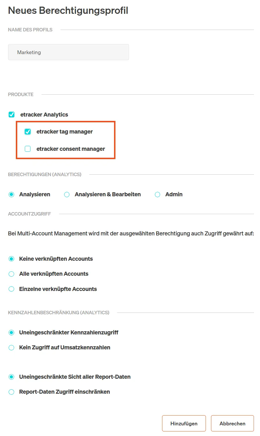 Bei der Einrichtung von Berechtigungsprofilen kannst du nun auswählen, ob Änderungen am Tag und/ oder Consent Manager gemacht werden dürfen.