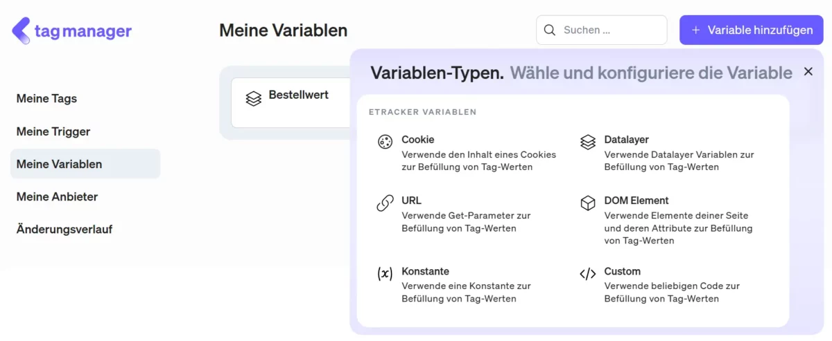 etracker tag manager - meine Variablen