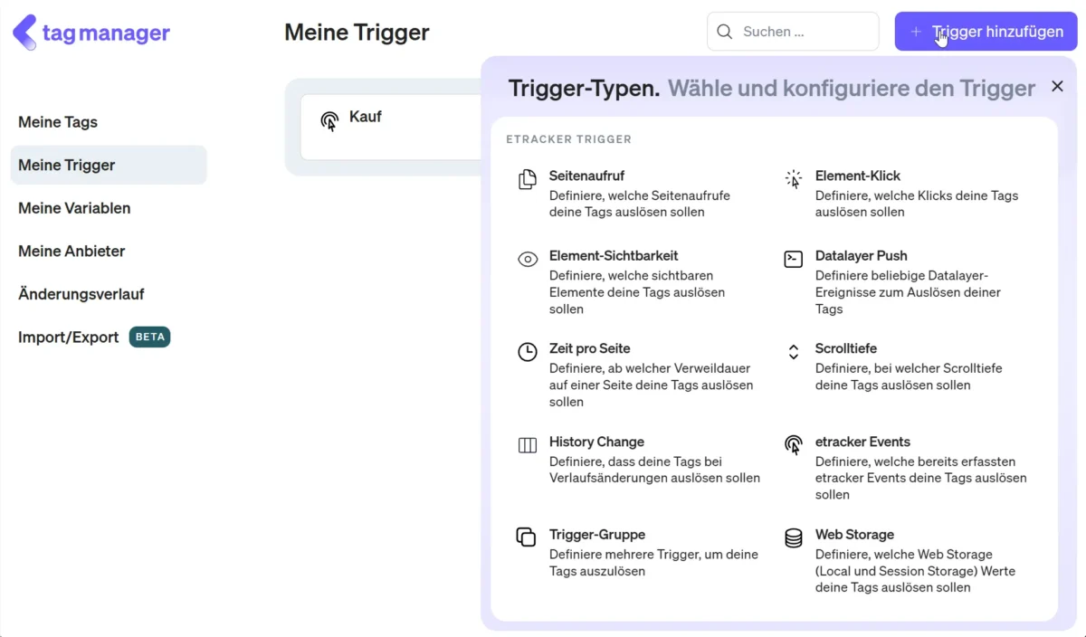Hier kannst du im etracker tag manager einen Trigger hinzufügen.