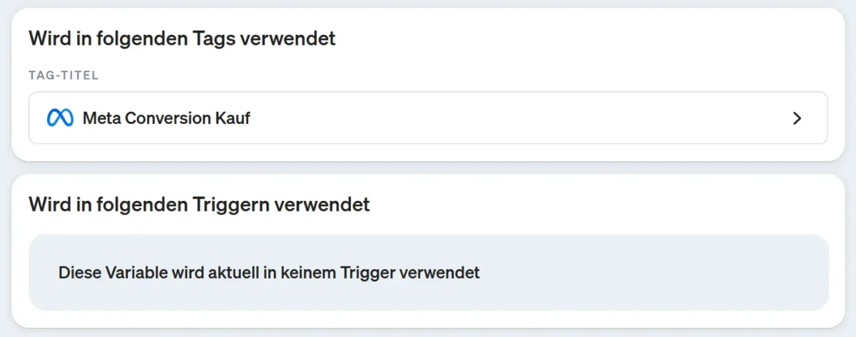 Screenshot in welchen Tags und Triggern wird die Variable verwendet