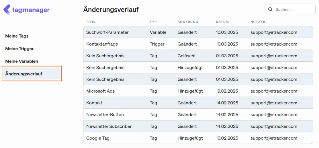 Im Änderungsverlauf wird dir angezeigt welche Änderungen wann im etracker tag manager vorgenommen worden sind