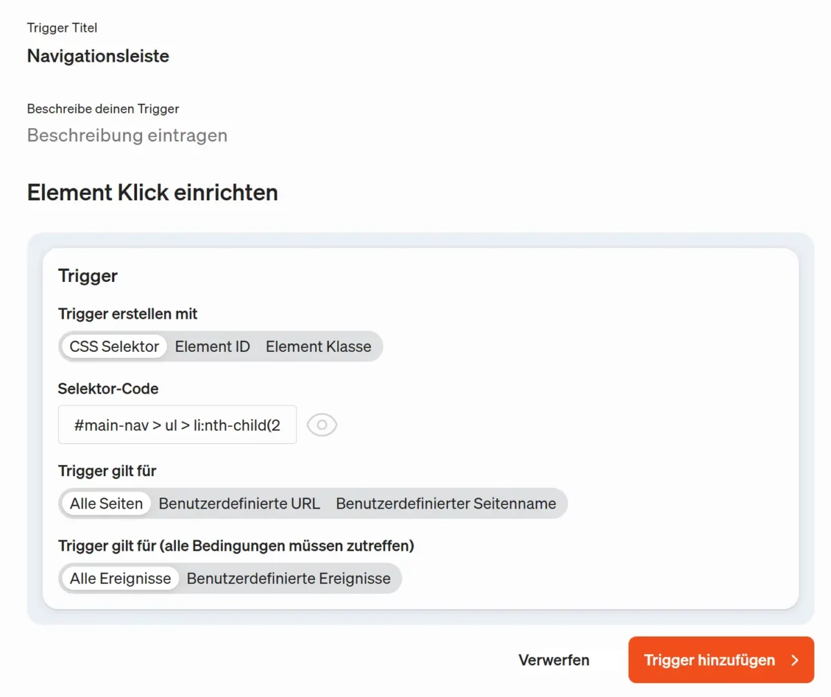 Hier definierst du im etracker tag manager den gewünschten Trigger.