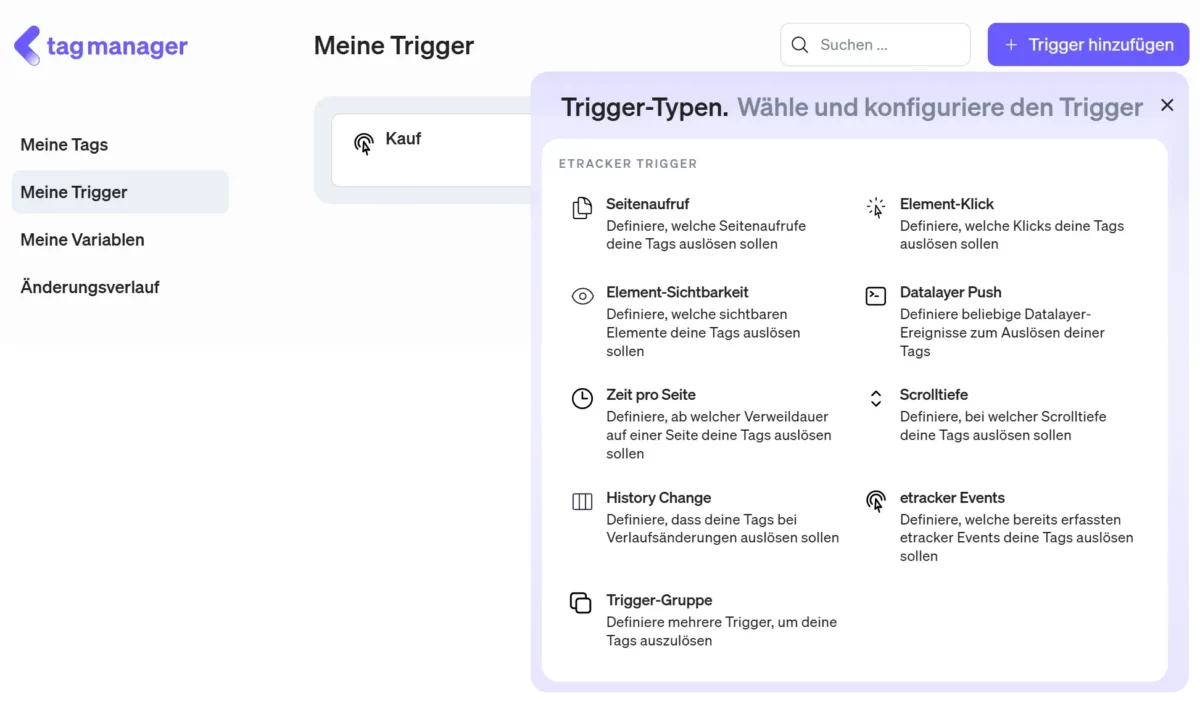 Hier kannst du im etracker tag manager einen Trigger hinzufügen.