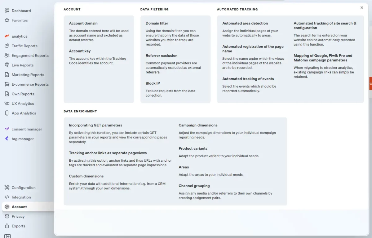 Screenshot etracker analytics application account settings