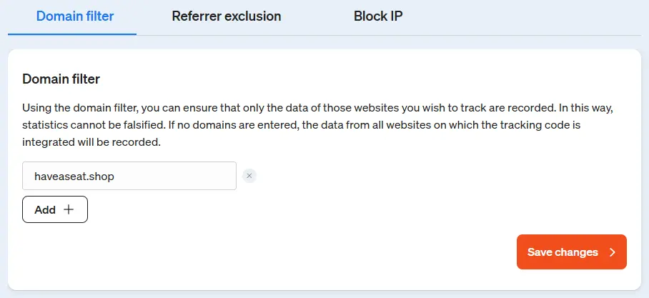 Screenshot of the etracker analytics application - entering the domain filter to prevent tagging fraud