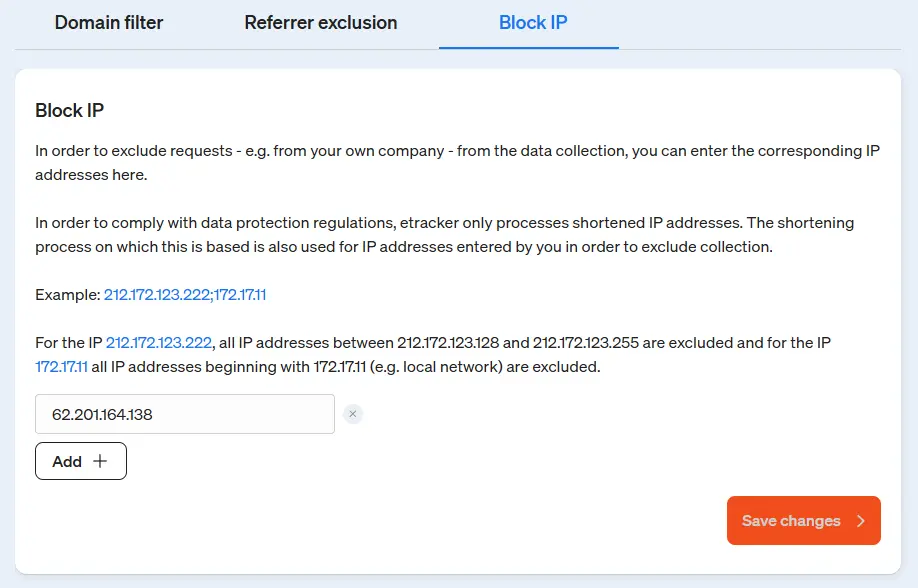 Screenshot etracker analytics application - IP blocking
