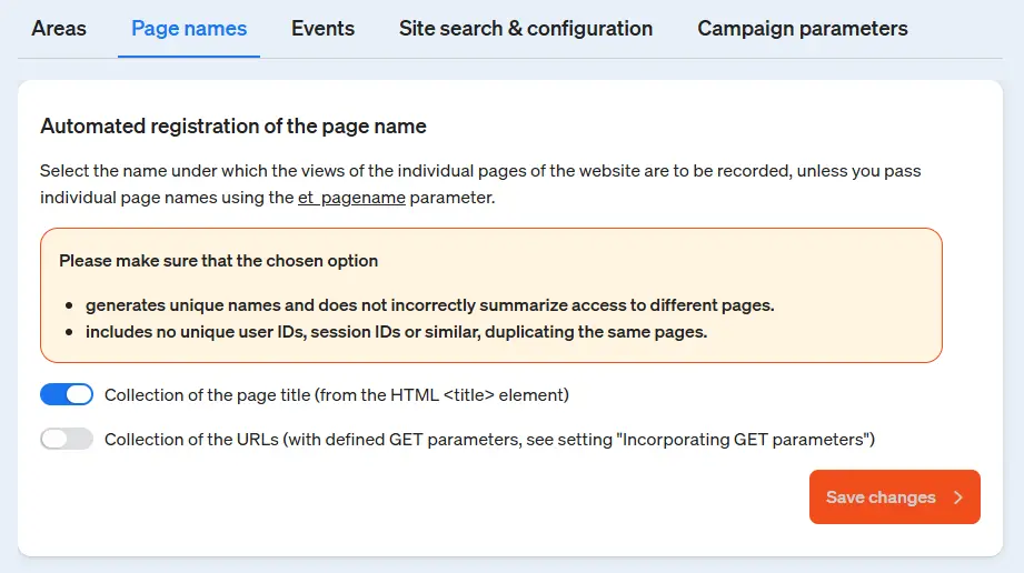 Screenshot of the etracker analytics application - automatic detection of the page name