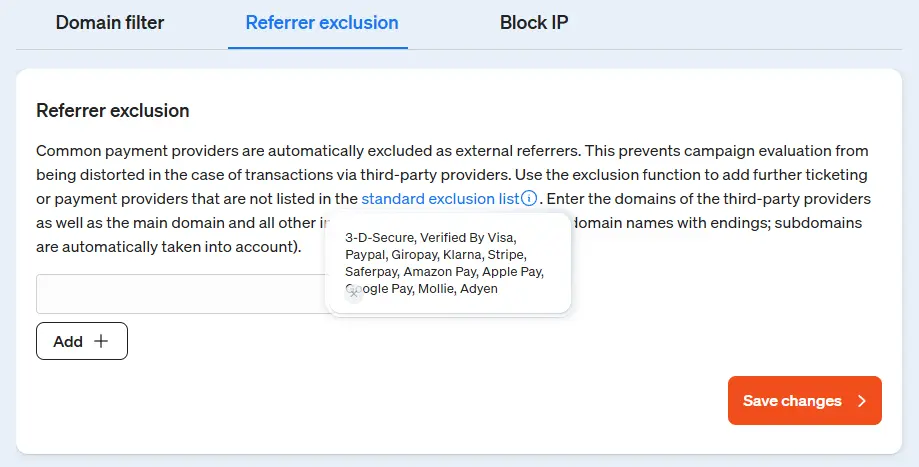 Screenshot etracker analytics application - referrer exclusion