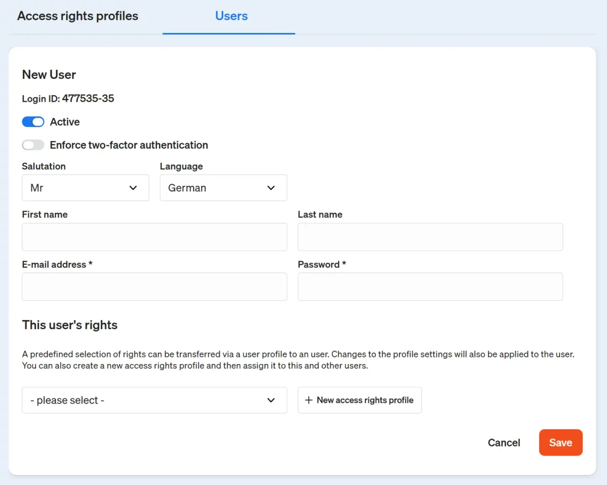 Screenshot of the user interface Create new user in etracker analytics