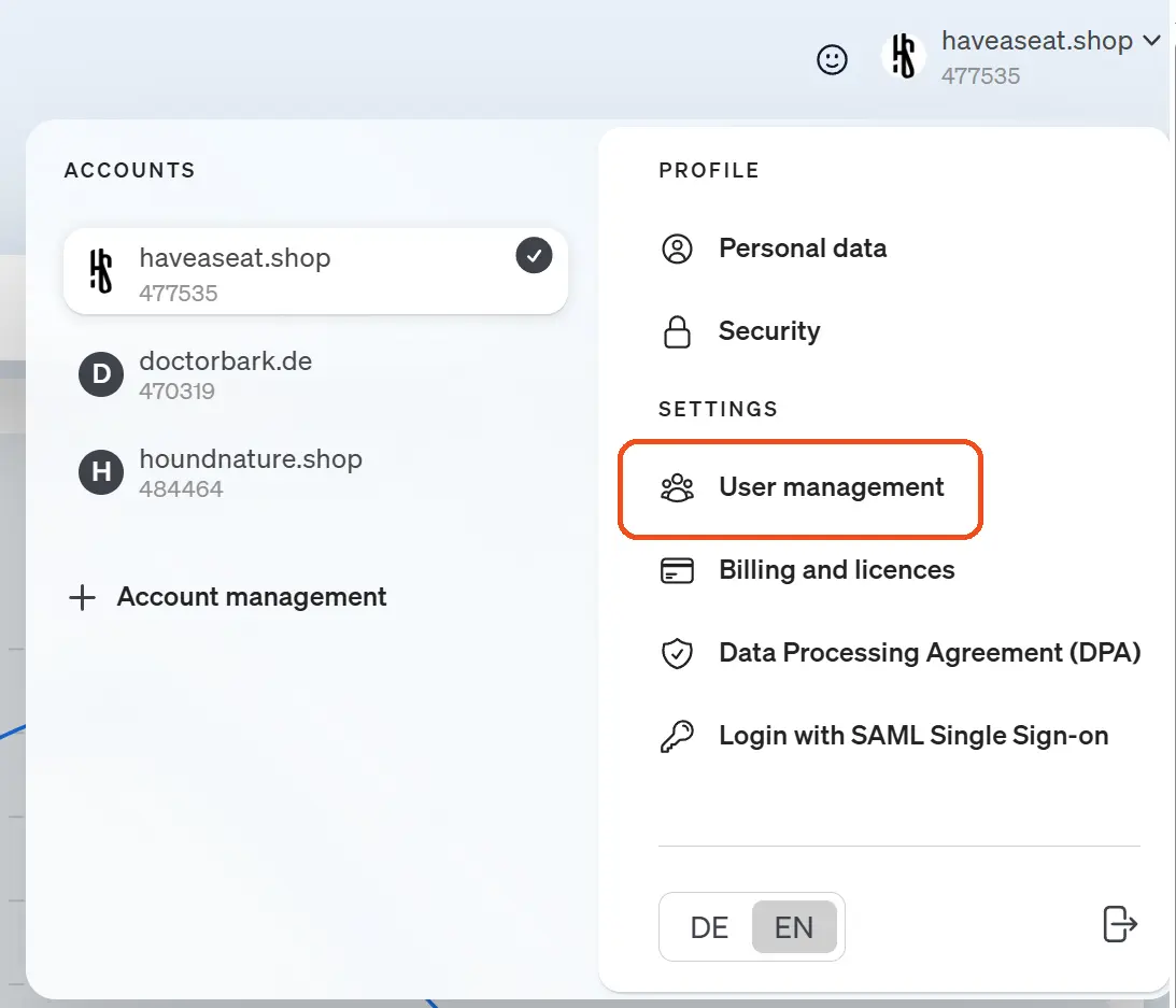 Screenshot of the user management menu item in the etracker analytics application