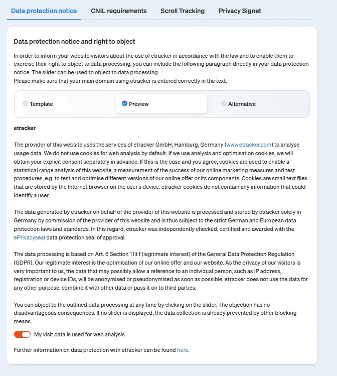 Screenshot of the etracker analytics application - Data protection notice