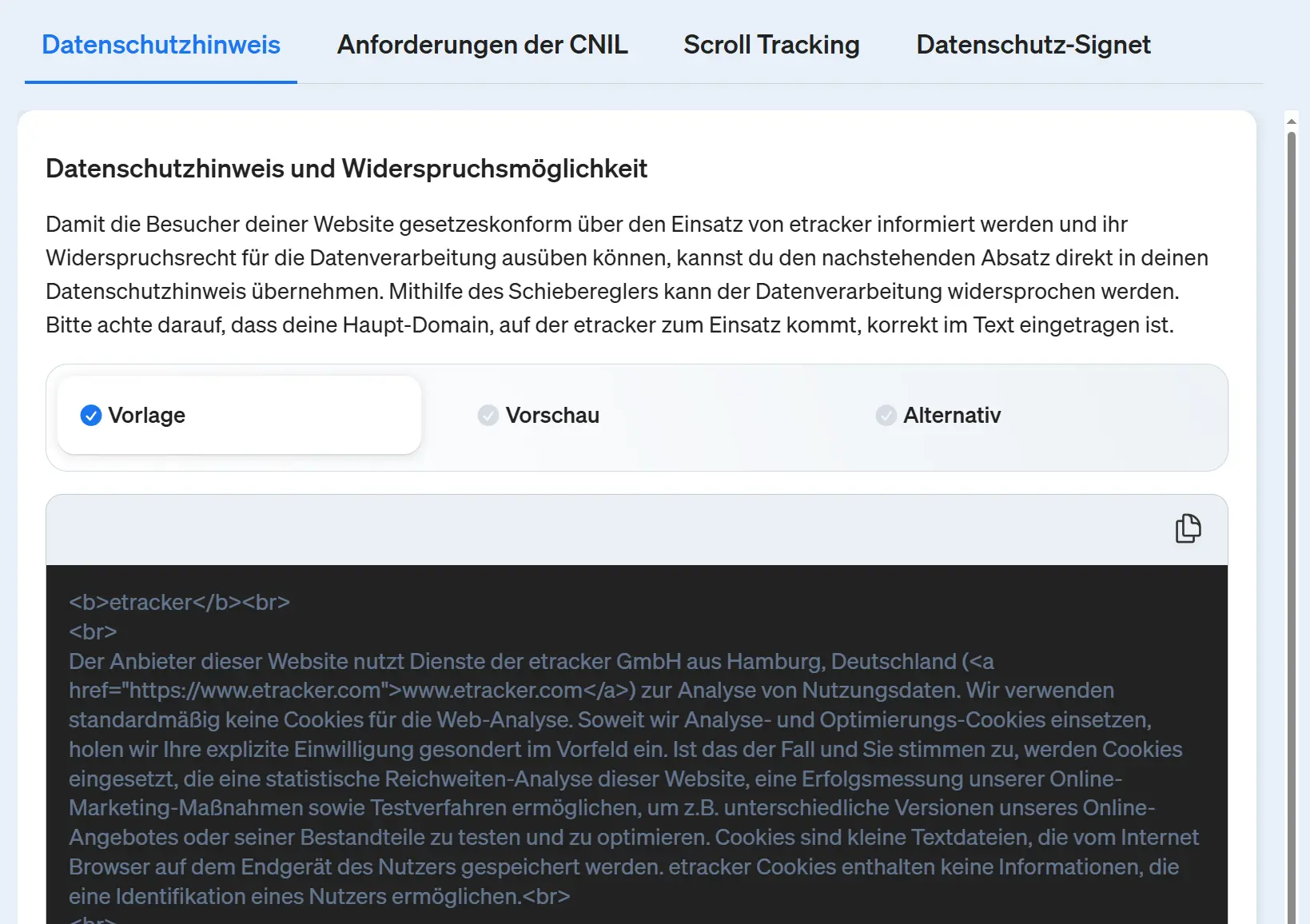 Screenshot etracker analytics Applikation - Vorlage für den Datenschutzhinweis für deine Website