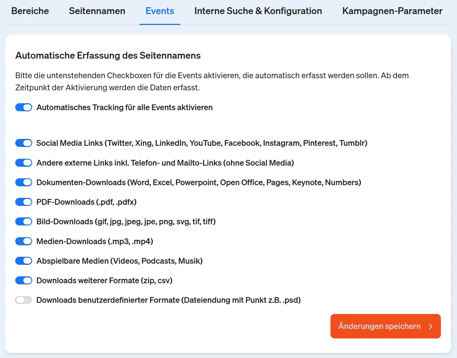 Screenshot etracker analytics Applikation - Einrichtung der automatischen Erfassung von Events