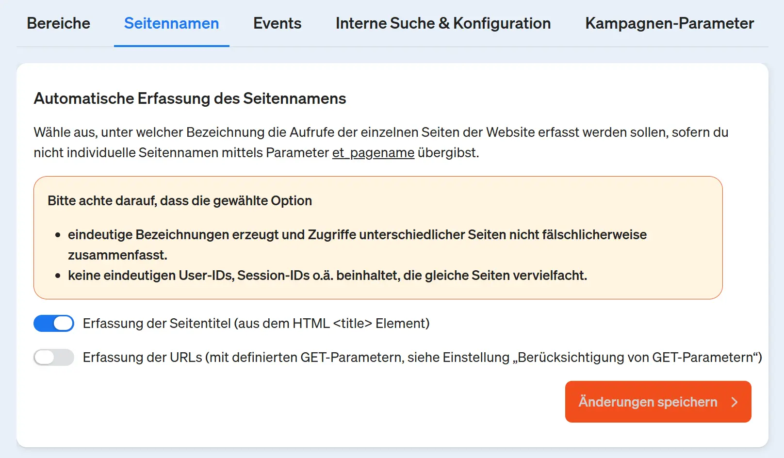 Screenshot etracker analytics Applikation - Einrichtung der automatischen Erfassung des Seitennamens