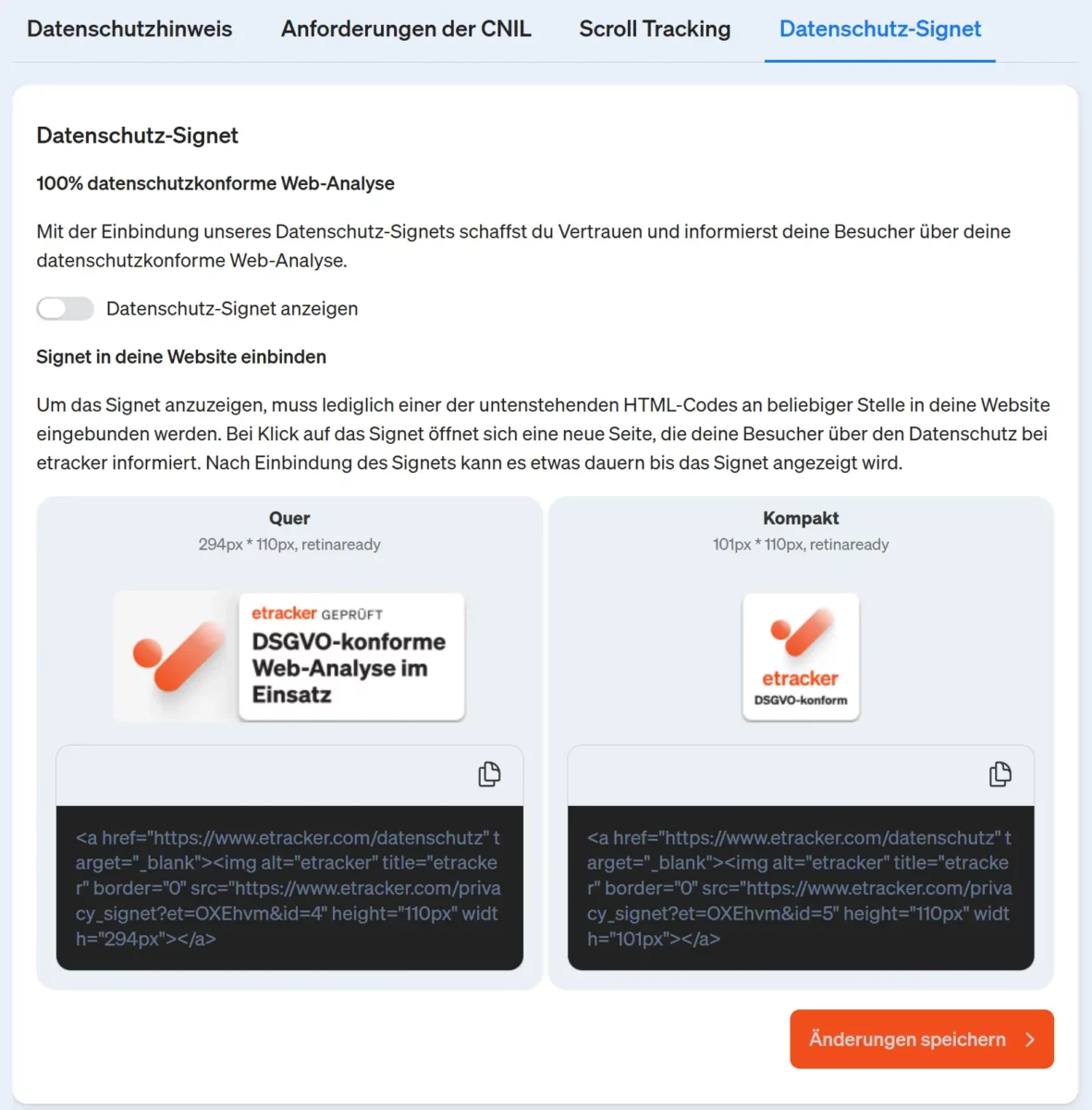 Screenshot etracker analytics Applikation - Code Snippet für unser Datenschutz Signet, welches du auf deiner Website einbinden kannst