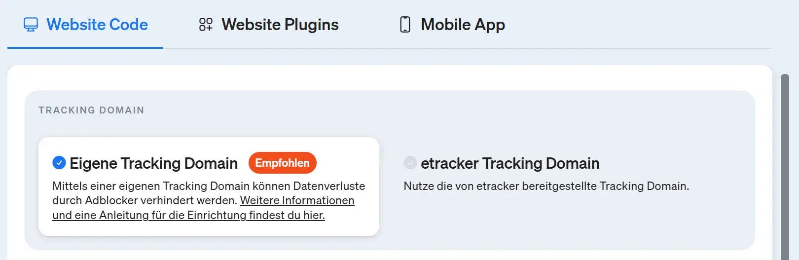 Screenshot etracker analytics Applikation - Hier wählst du das Tracking über die eigene Domain aus