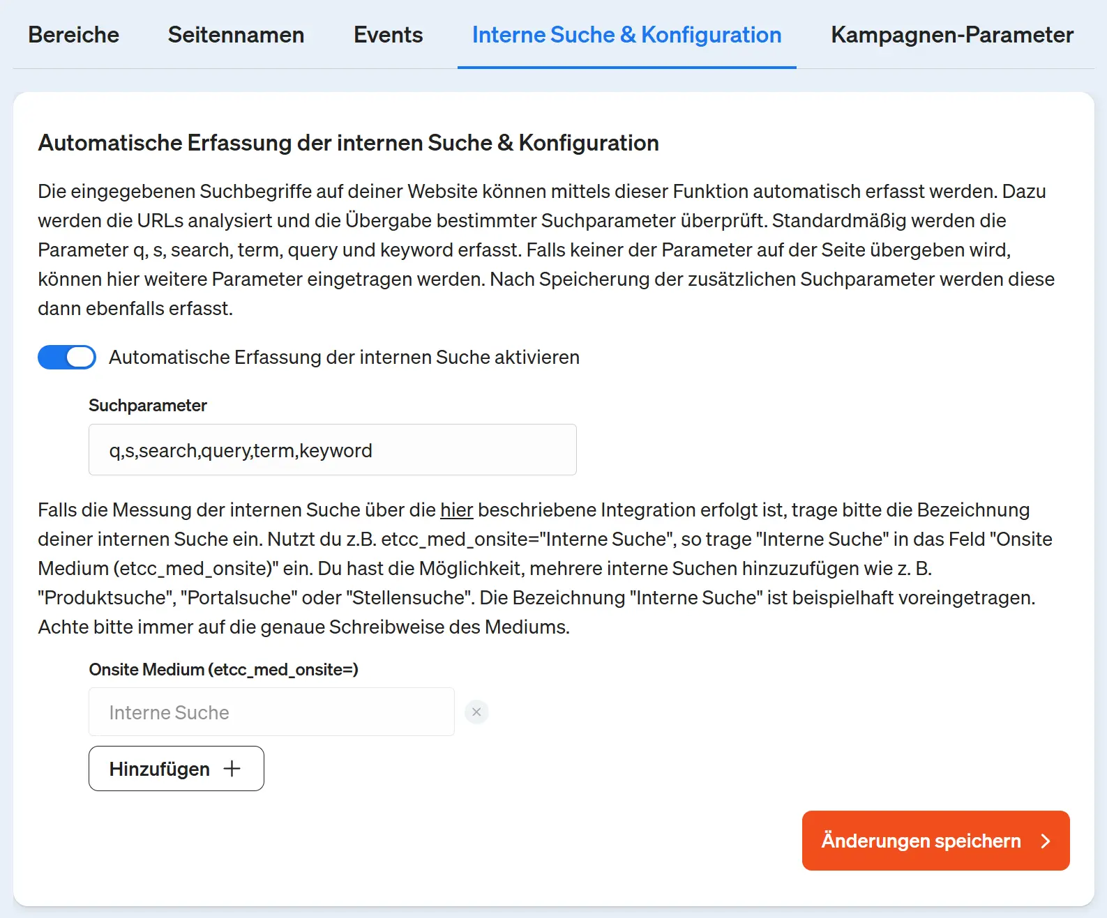 Screenshot etracker analytics Applikation - Konfiguration der autmatischen Erfassung der internen Suche