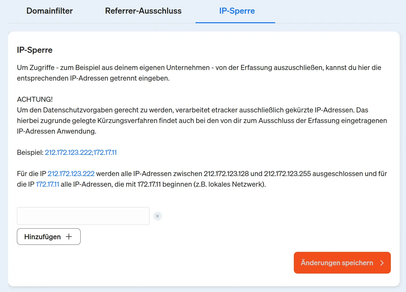 Screenshot etracker analytics Applikation - Hinzufügen von IP Adressen für die IP Sperre
