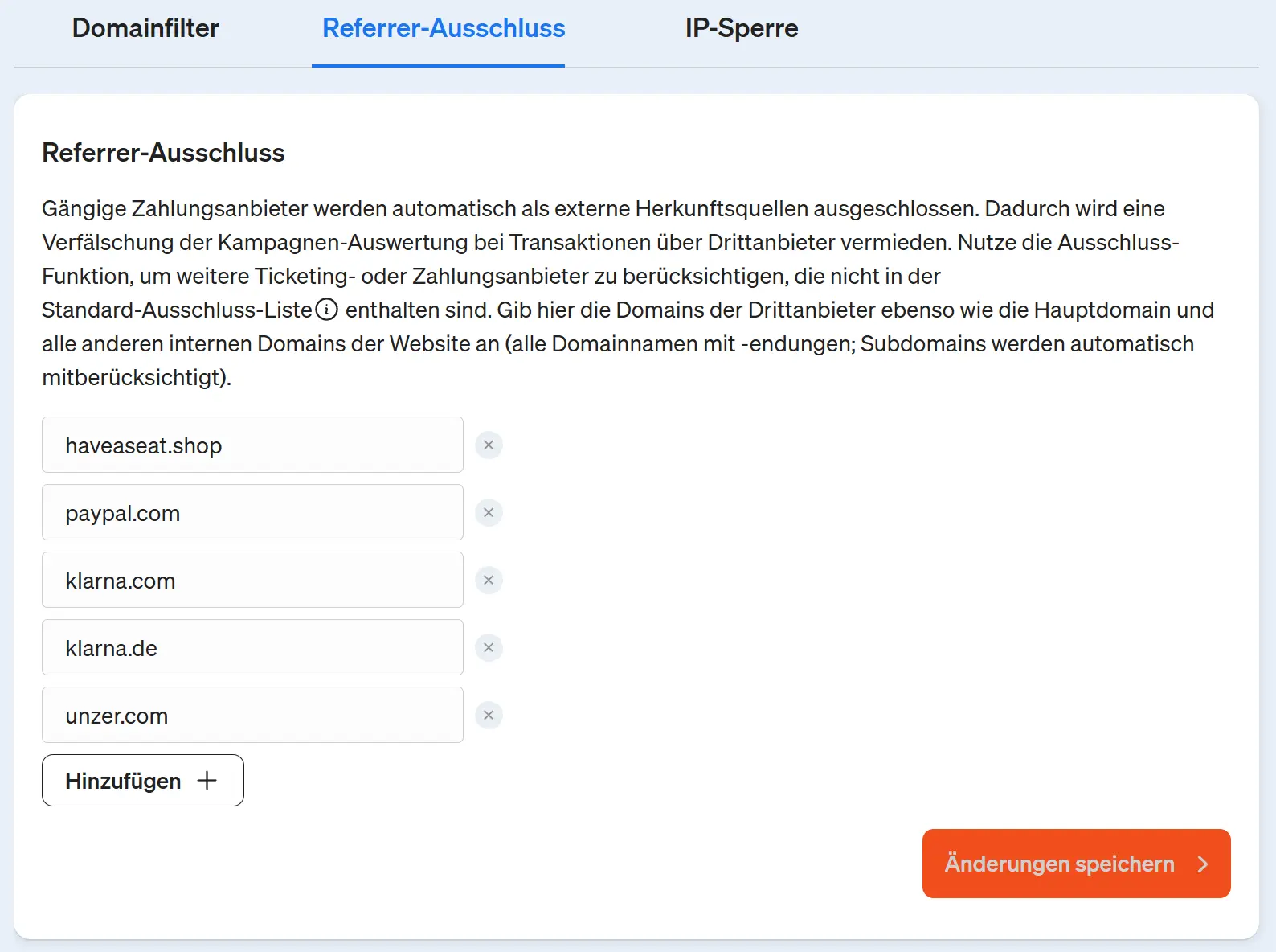 Screenshot etracker analytics Applikation - Hinzufügen von Domains für den Referrer Auschluss