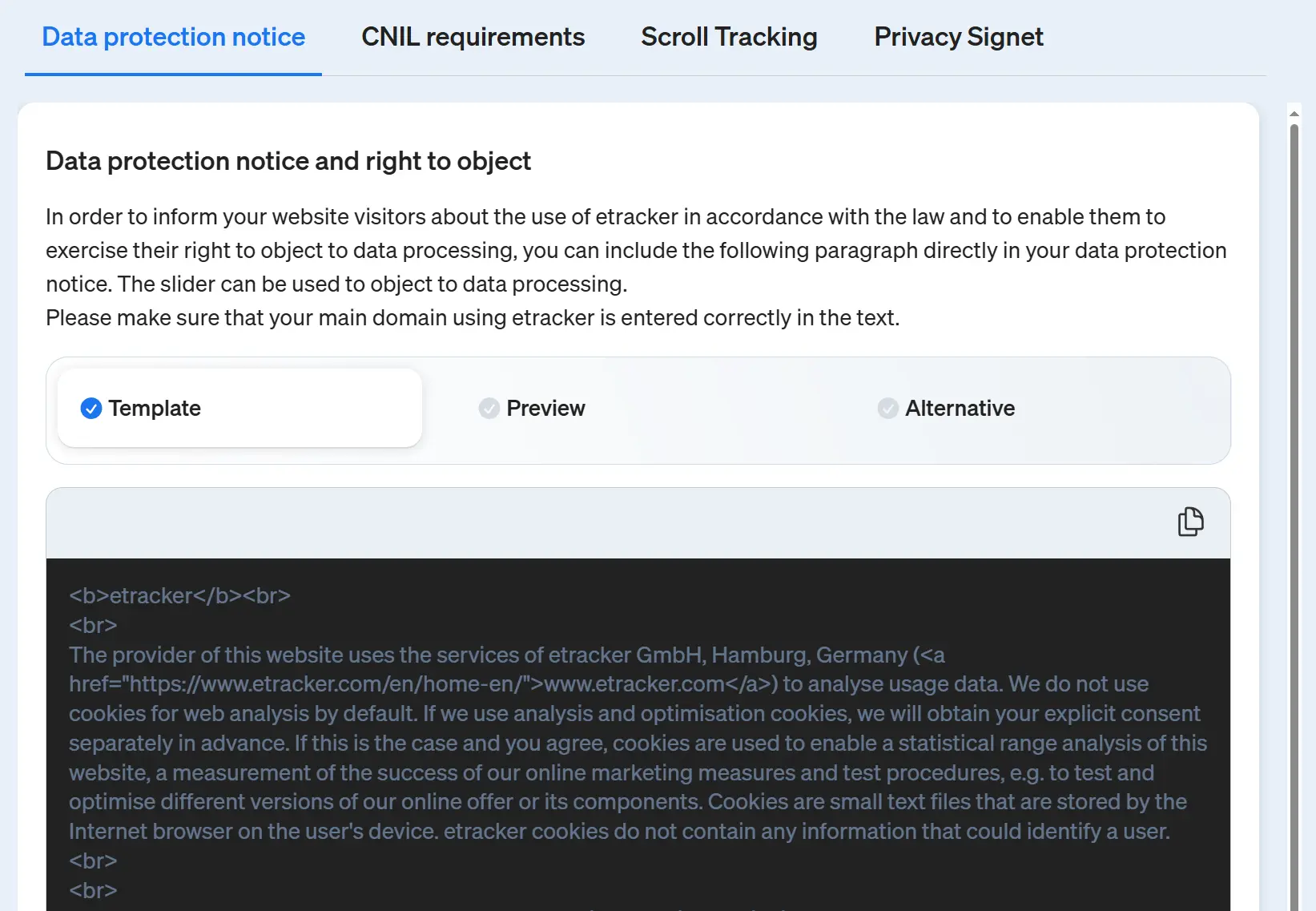 Screenshot of the etracker analytics application - template for the data protection notice for your website