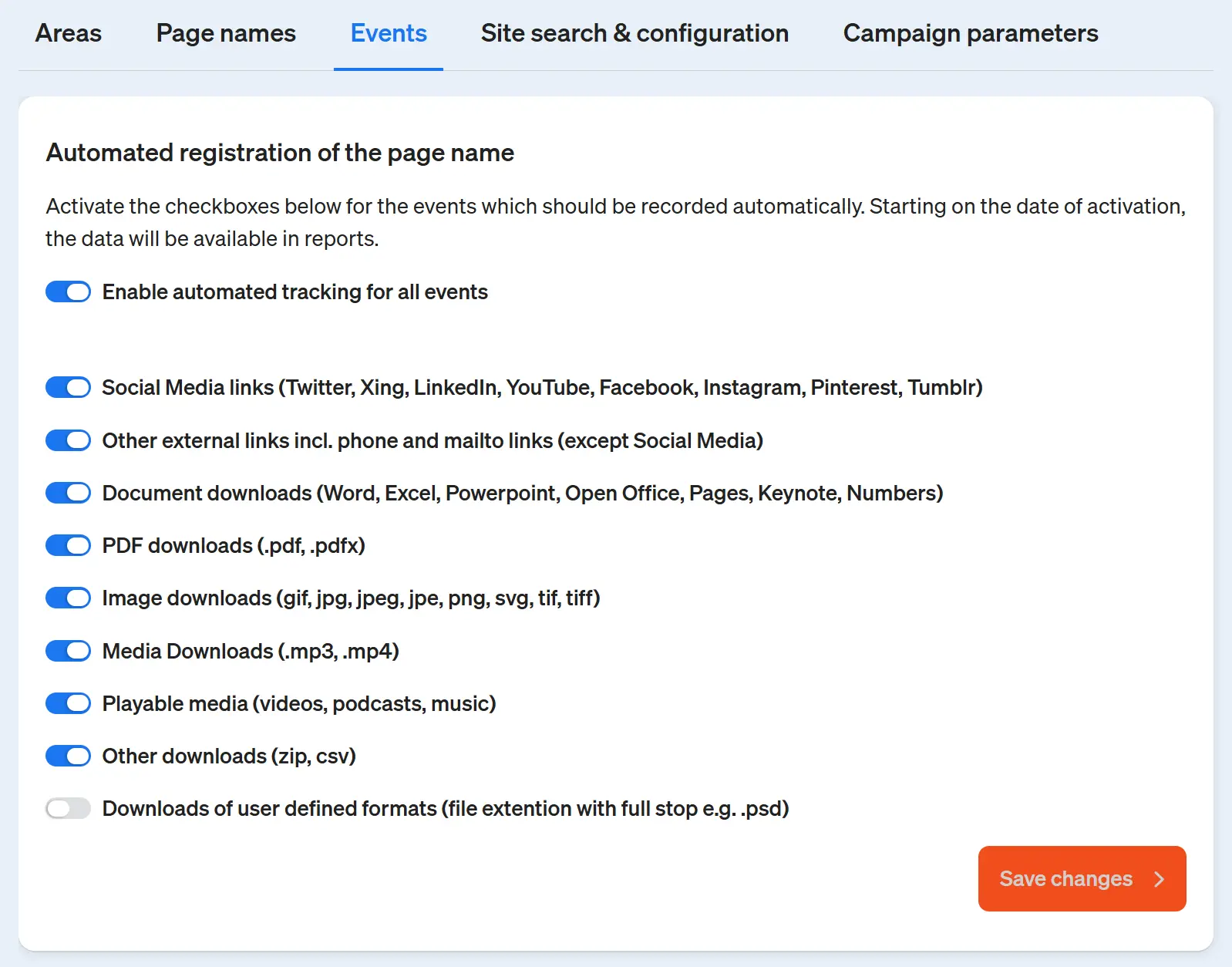 Screenshot of the etracker analytics application - setting up the automatic recording of events