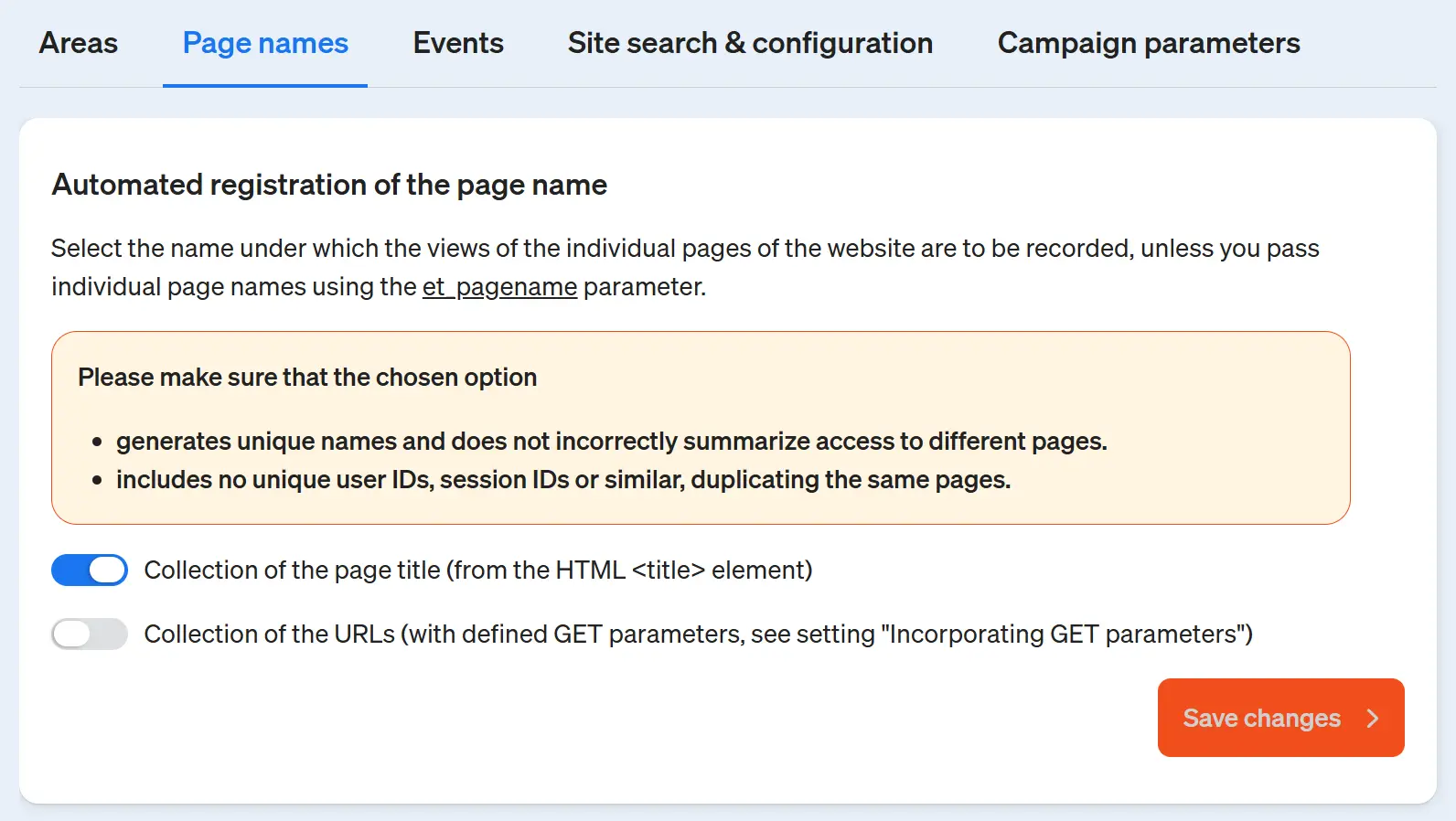 Screenshot of the etracker analytics application - setting up the automatic capture of the page name