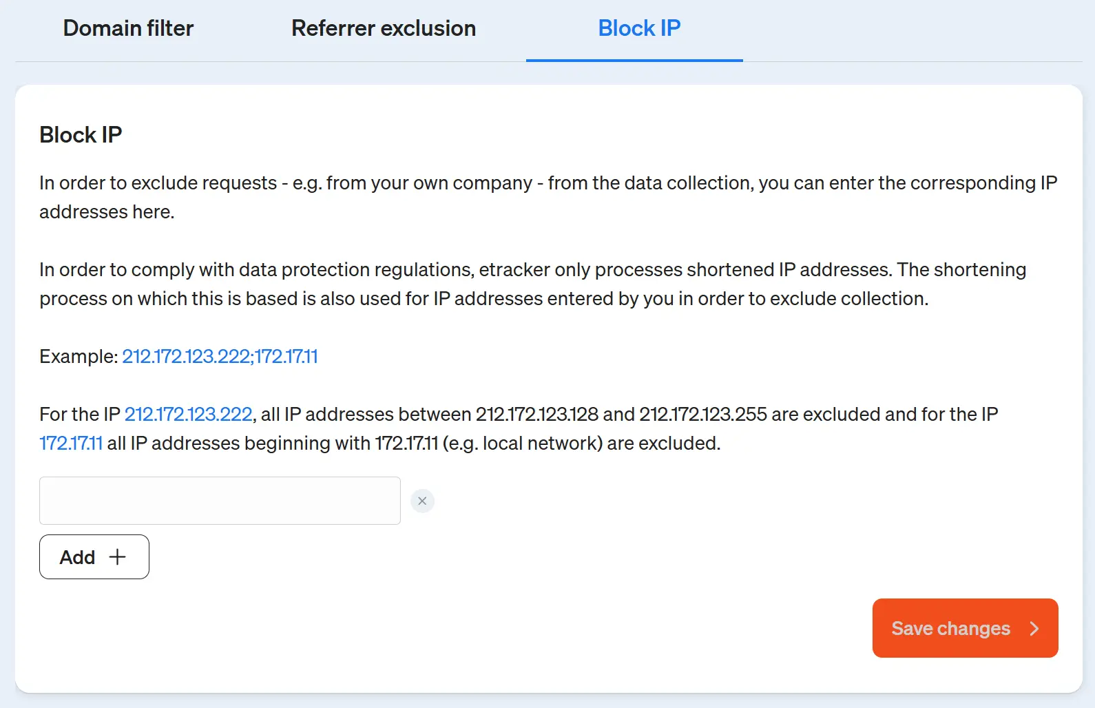 Screenshot etracker analytics application - Adding IP addresses for IP blocking