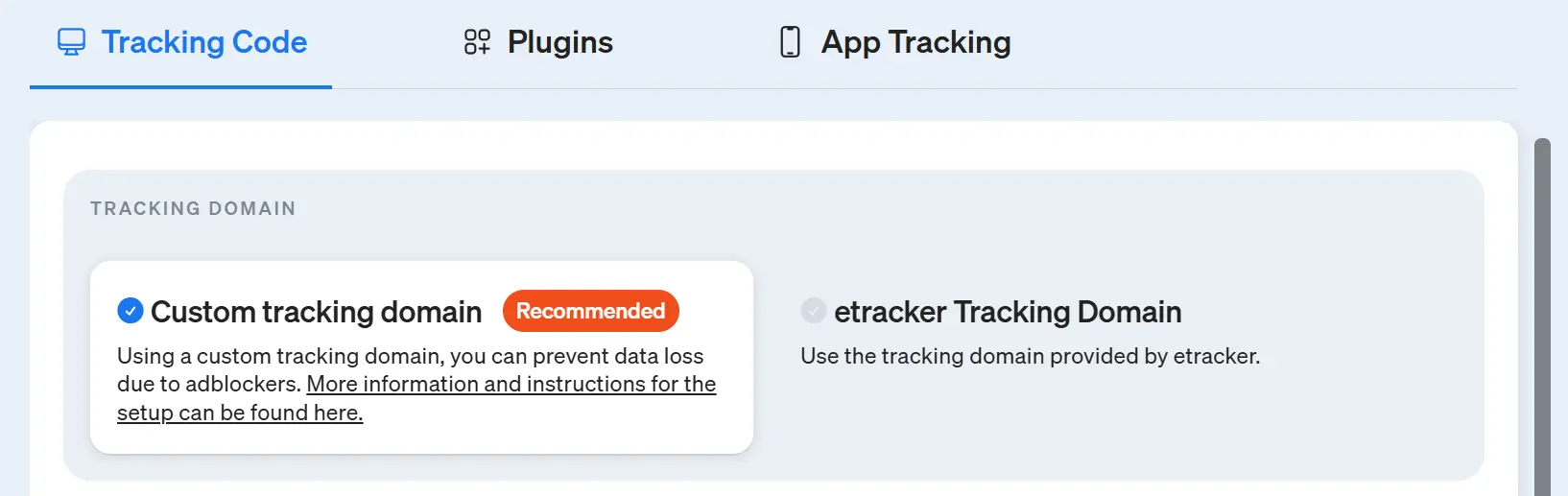 Screenshot of the etracker analytics application - Here you select tracking via your own domain